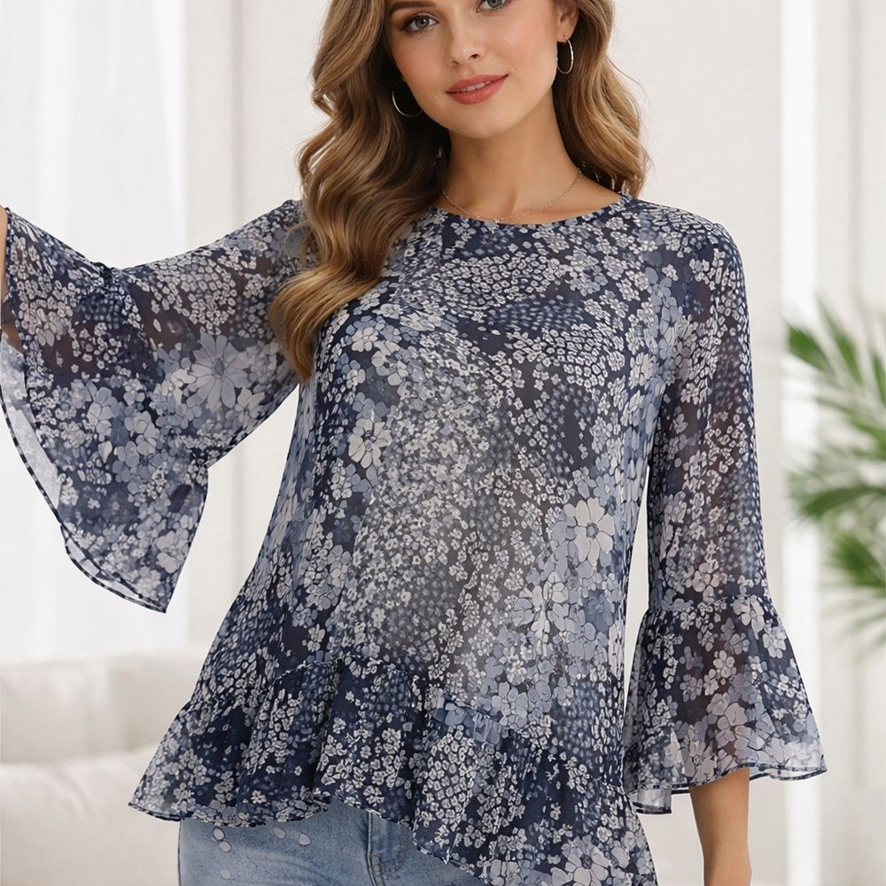 Michael Kors Women’s Blue Floral Sheer Blouse with Bell Sleeve Size Medium